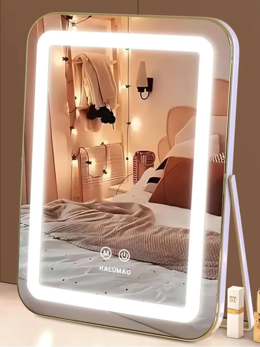 Halumao Lighted Vanity Mirror in White with Gold Trim